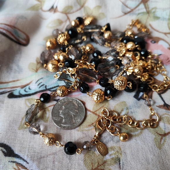 Joan Rivers Signed Extra Long Gold Tone Black Smoke Necklace Acrylic and Glass - Picture 7 of 9